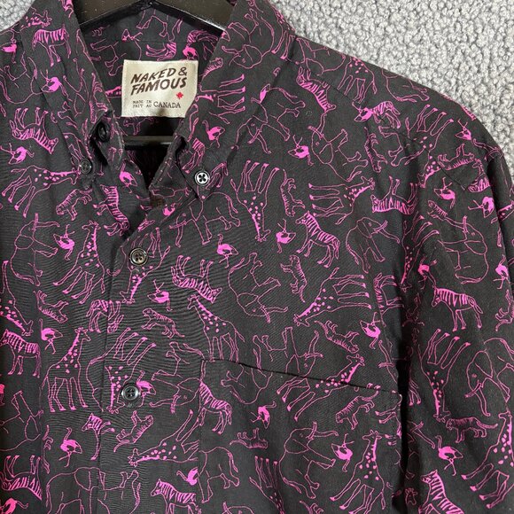 Naked & Famous Animal Print Long Sleeve Button Down Shirt - Men's Size M - Black - Picture 2 of 7